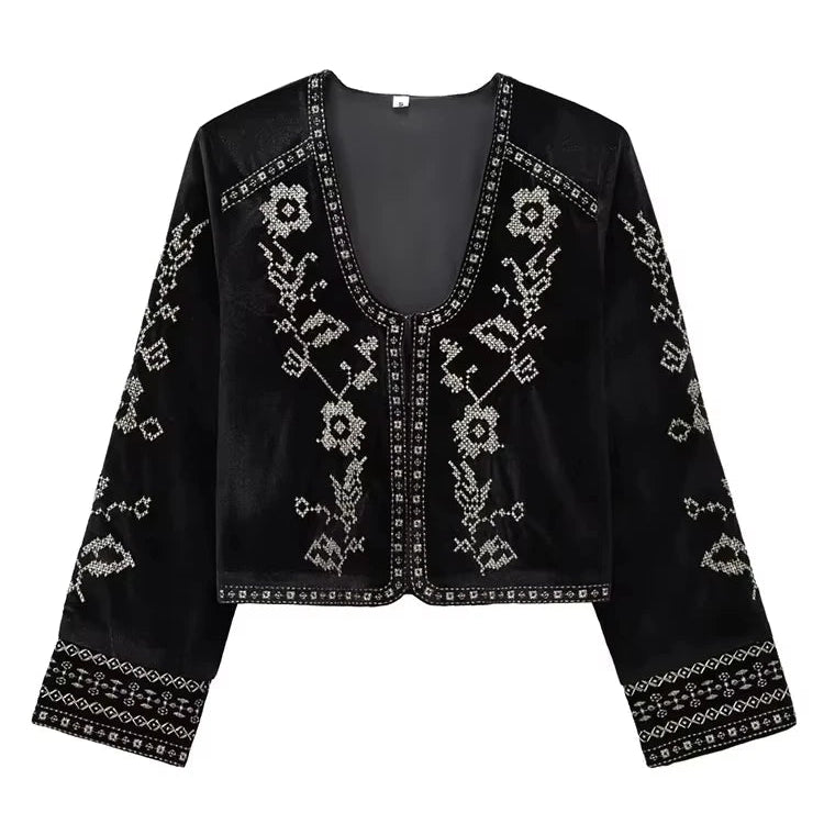 CASUAL VELVET EMBROIDERED ORNAMENT BLACK JACKET