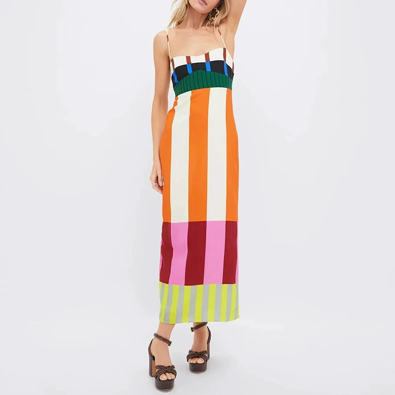 COLORFUL CONTRAST STRIPED STRAP MAXI DRESS