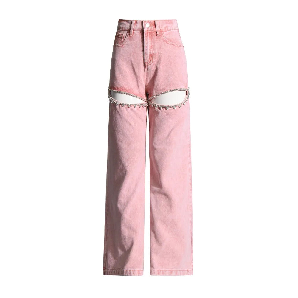 Pink High Waist Wide Leg Denim Trousers with Rhinestone Cut-Out
