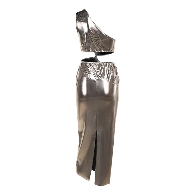 ONE INCLINED SHOULDER SILVER MIDI DRES