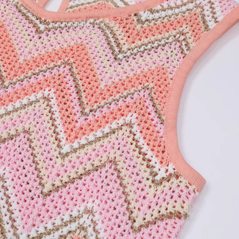 Pink Zigzag Knit Co-Ord Set – Sleeveless Top, Cardigan & Wide-Leg Pants
