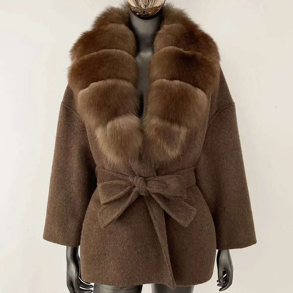 Wool Blend Coat with Fox Fur Collar – Women’s Luxury Winter Coat
