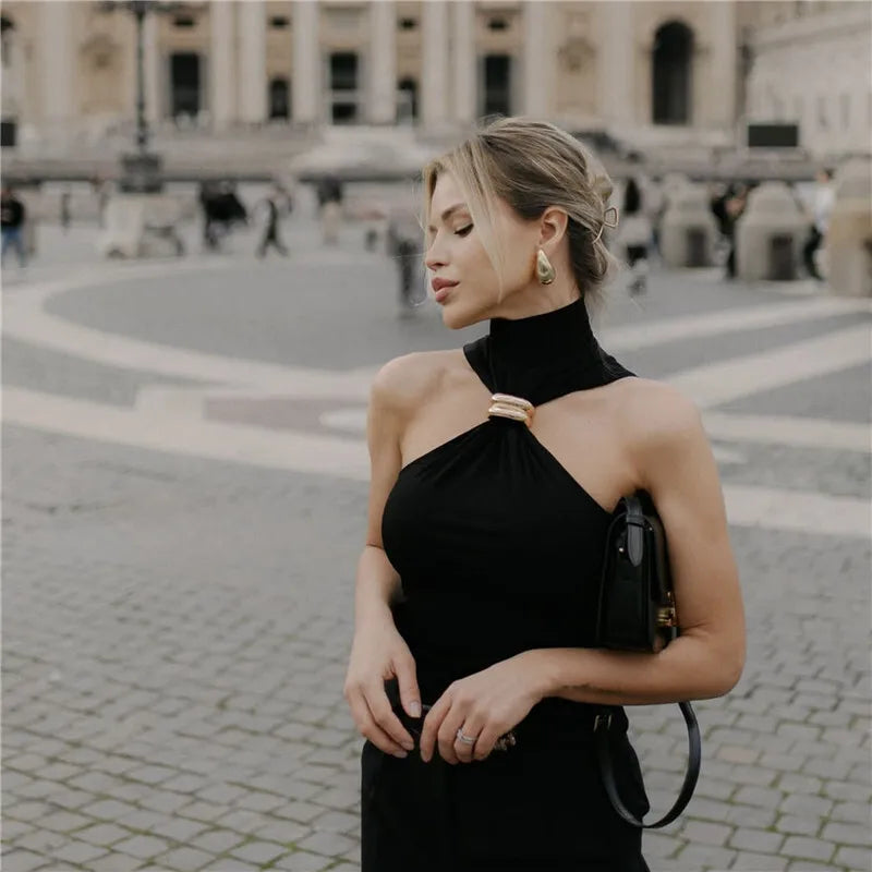 Halter Turtleneck Knit Top with Gold Ring Detail