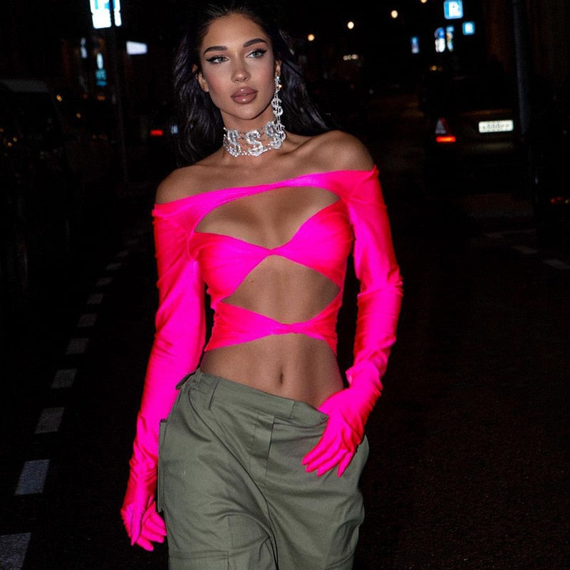 HOLLOW OUT LONG SLEEVE TOP with GLOVES