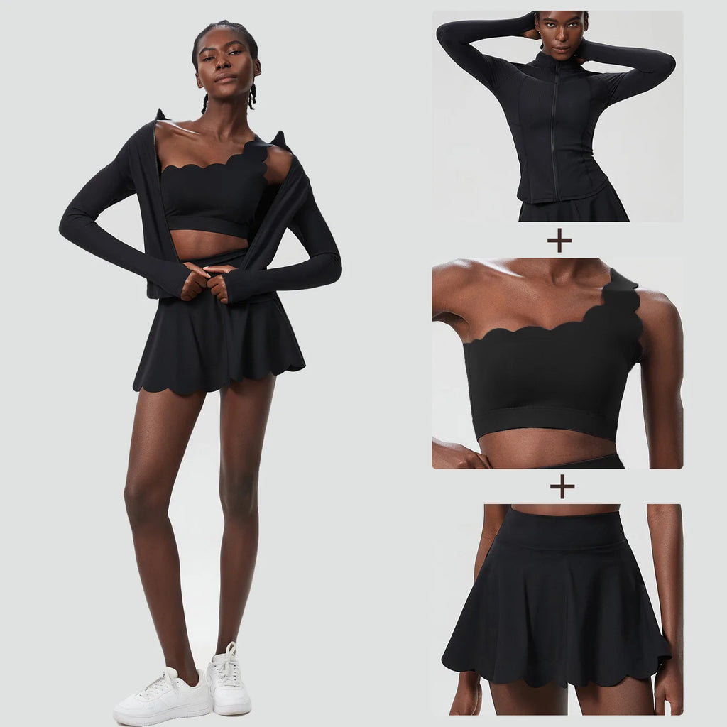 3 Piece Women’s Fitness Yoga Set – Quick Dry Gym Outfit with Sports Bra, Skirt & Cover Top