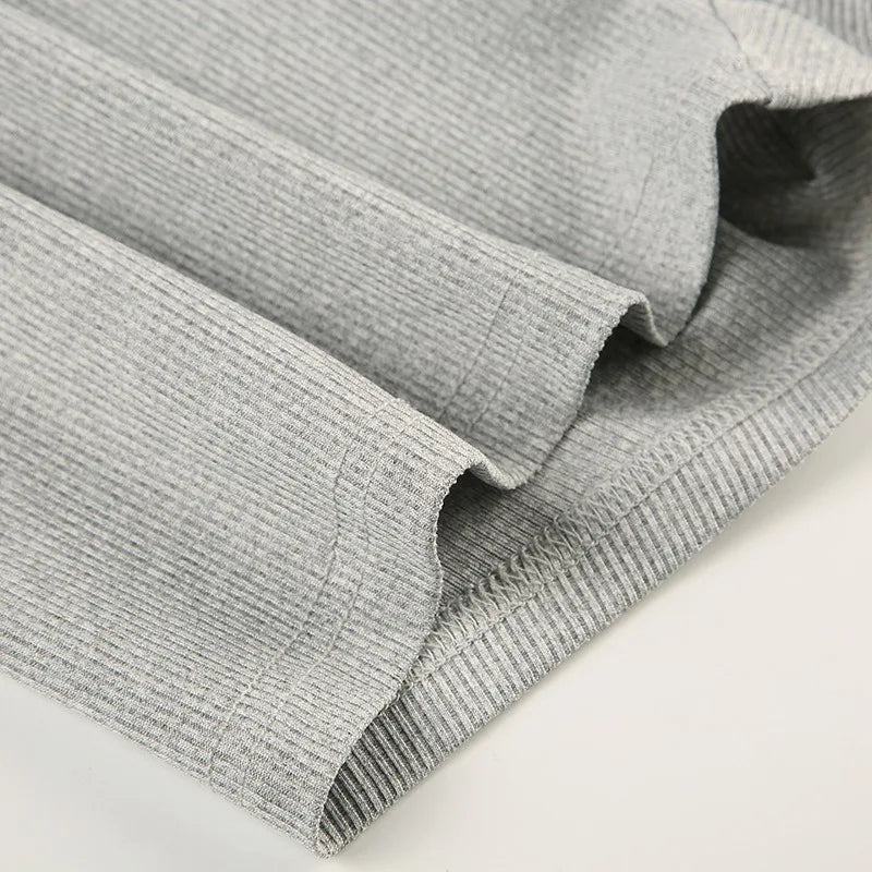 Sexy Gray Ribbed Knit Long Sleeve V-Neck Romper for Women | Slim Fit Lounge Jumpsuit