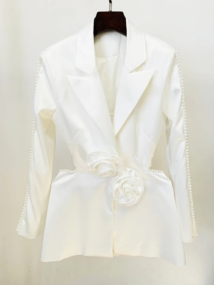 HOLLOW OUT FLOWERS APPLIQUES PEARLS BEADED BLAZER GAUZE PANTS