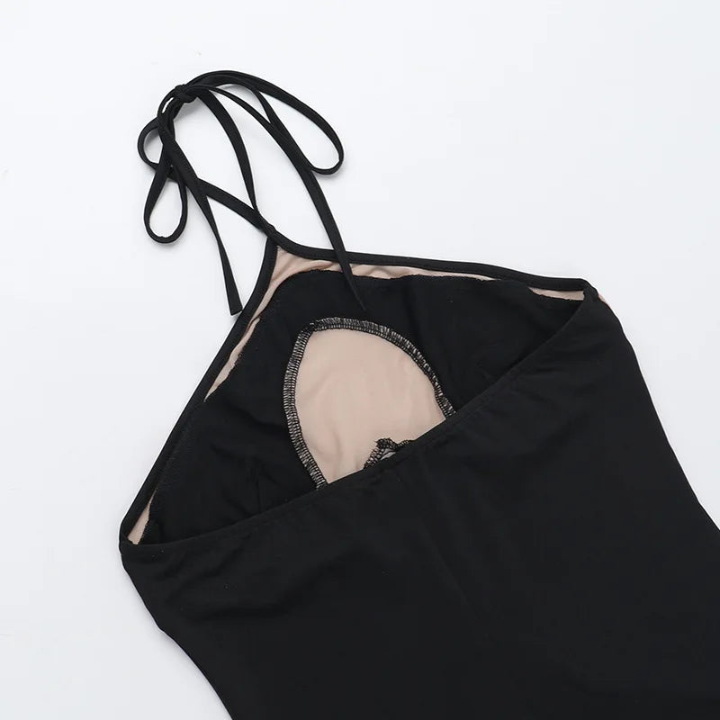 HOLLOW OUT NECK HANGING SLIT MESH BLACK MIDI DRESS
