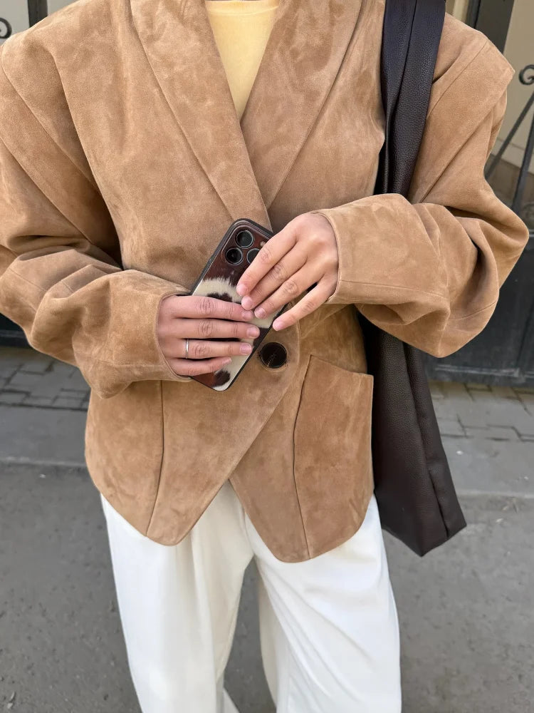 Autumn Suede Blazer for Women – Elegant One Button Lapel Jacket with Shoulder Pads | Khaki & Brown Streetwear