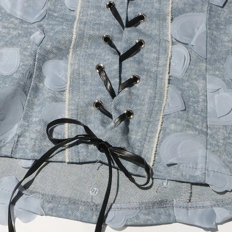 DENIM SHORTS and FLARE SLEEVE LACE UP TOP 2 PIECE SET