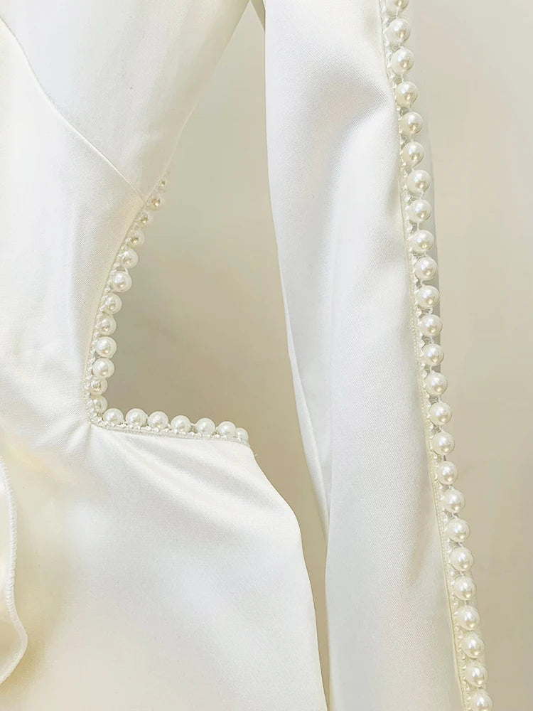 HOLLOW OUT FLOWERS APPLIQUES PEARLS BEADED BLAZER GAUZE PANTS