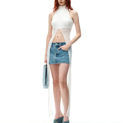 SLEEVELESS RIBBER HIGH NECK TOP with FRONT SLIT TRAILING