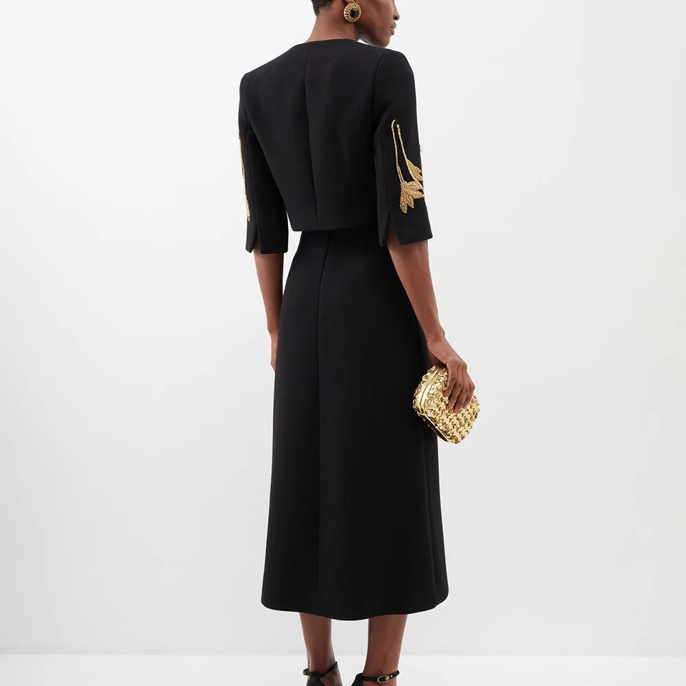 HALF SLEEVE COAT and HIGH WAIST MIDI DRESS SET PATCHWORK FLOWERS