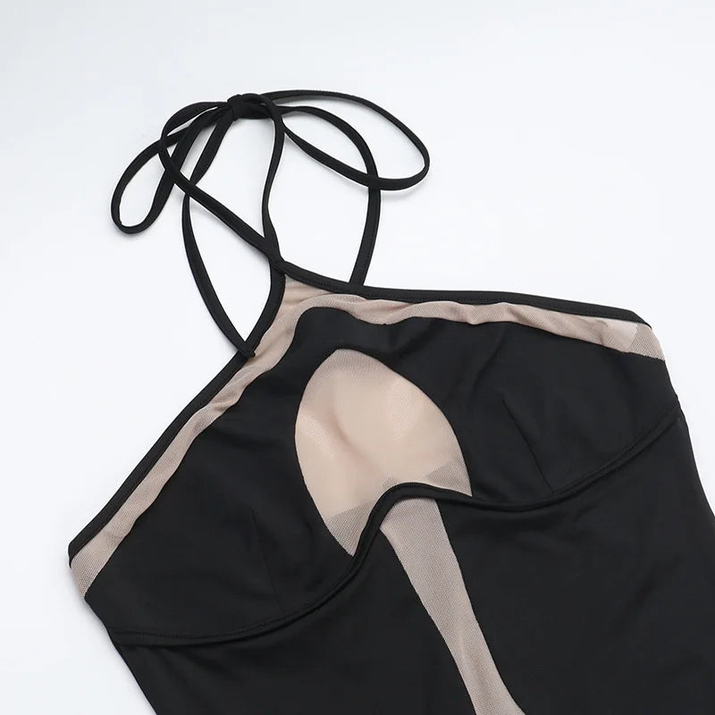 HOLLOW OUT NECK HANGING SLIT MESH BLACK MIDI DRESS