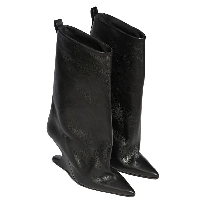 Sculptural Wedge Pointed-Toe Mid-Calf Boots