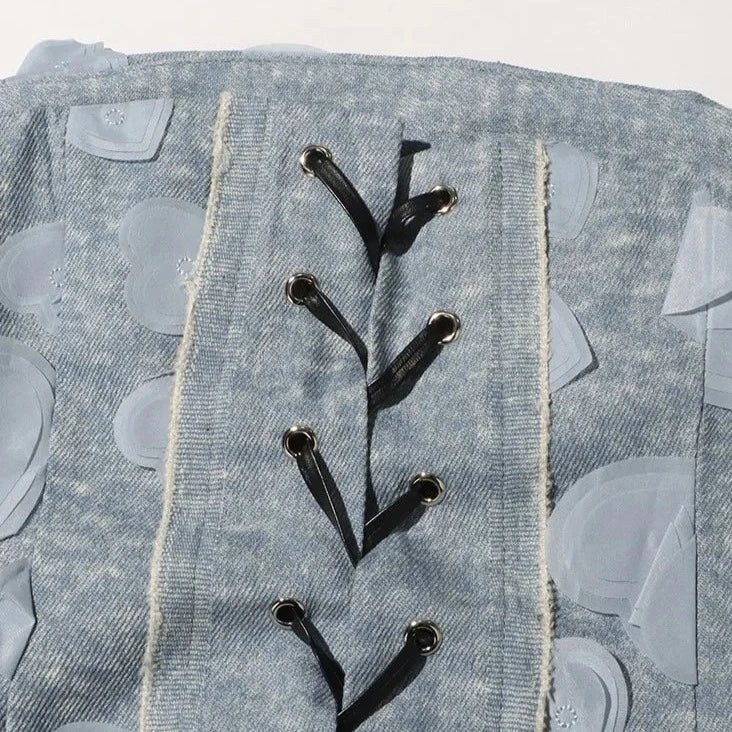 DENIM SHORTS and FLARE SLEEVE LACE UP TOP 2 PIECE SET