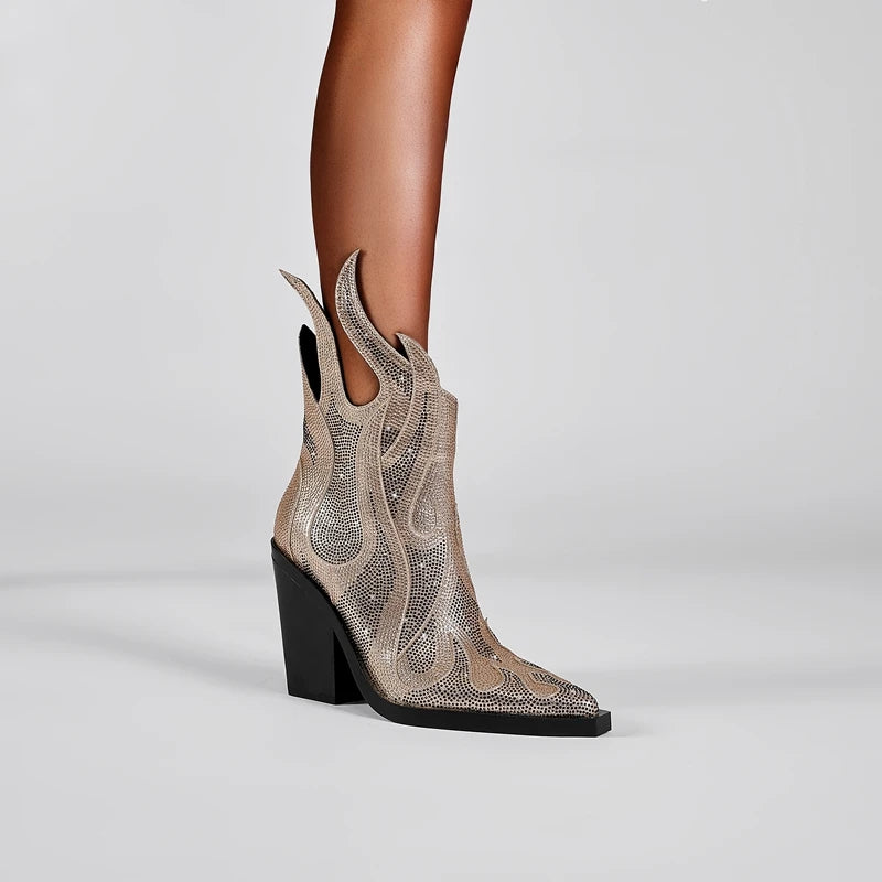 FLAME SHAPE SHORT BOOTS THICK HEEL decorated with CRYSTALS