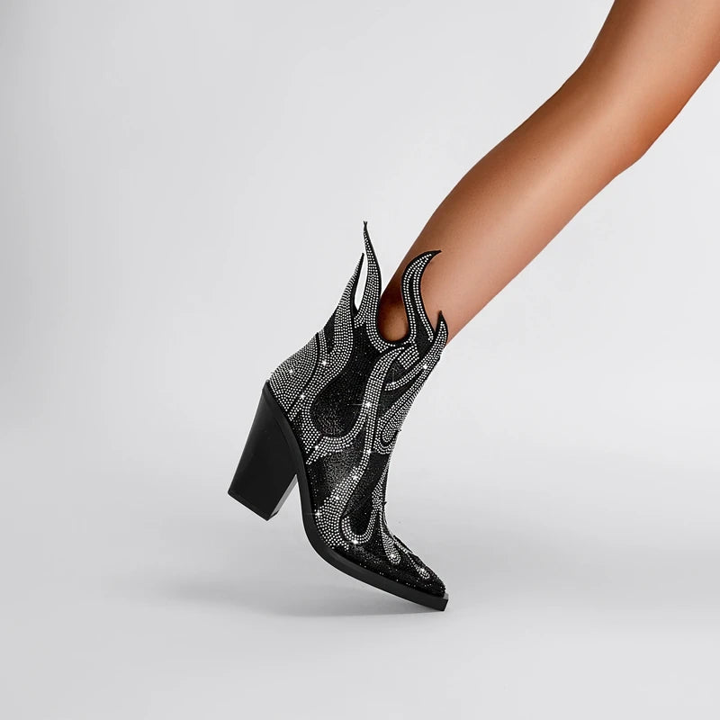 FLAME SHAPE SHORT BOOTS THICK HEEL decorated with CRYSTALS