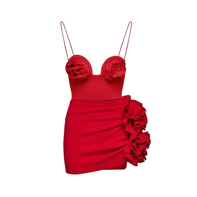ASHLYN RED ROSE BOWS BODYSUIT / SWIMSUIT and MINI SKIRT 2 PIECE SET