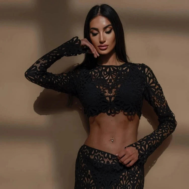 EMBROIDERY HOLLOW OUT BEACH TOP and SKIRT SET