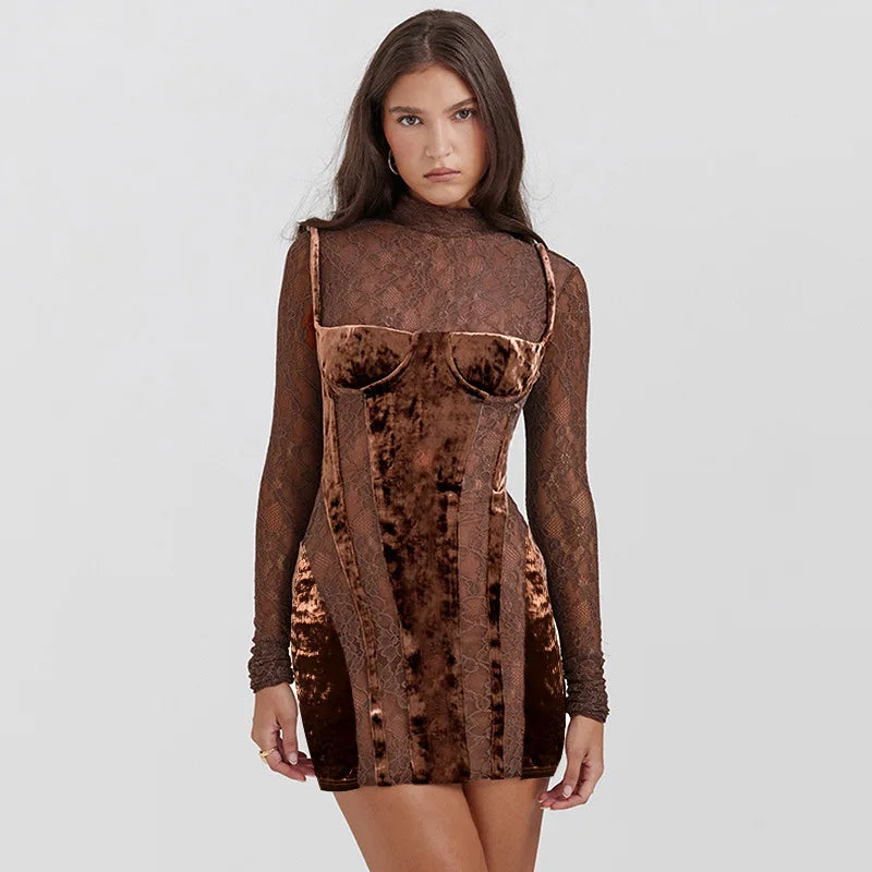 LACE MESH LONG SLEEVE MINI DRESS