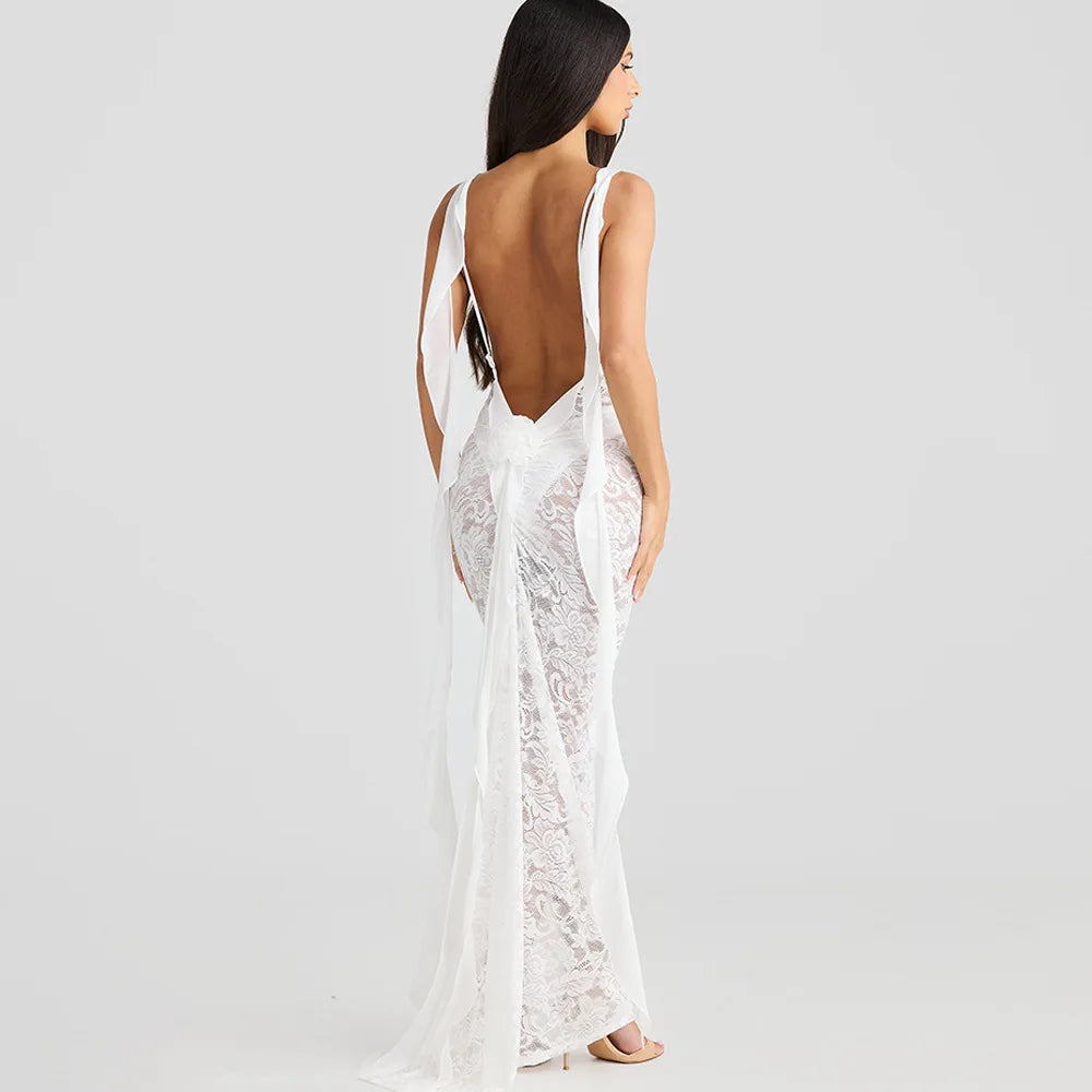 LACE BACKLESS TRAILING MAXI DRESS