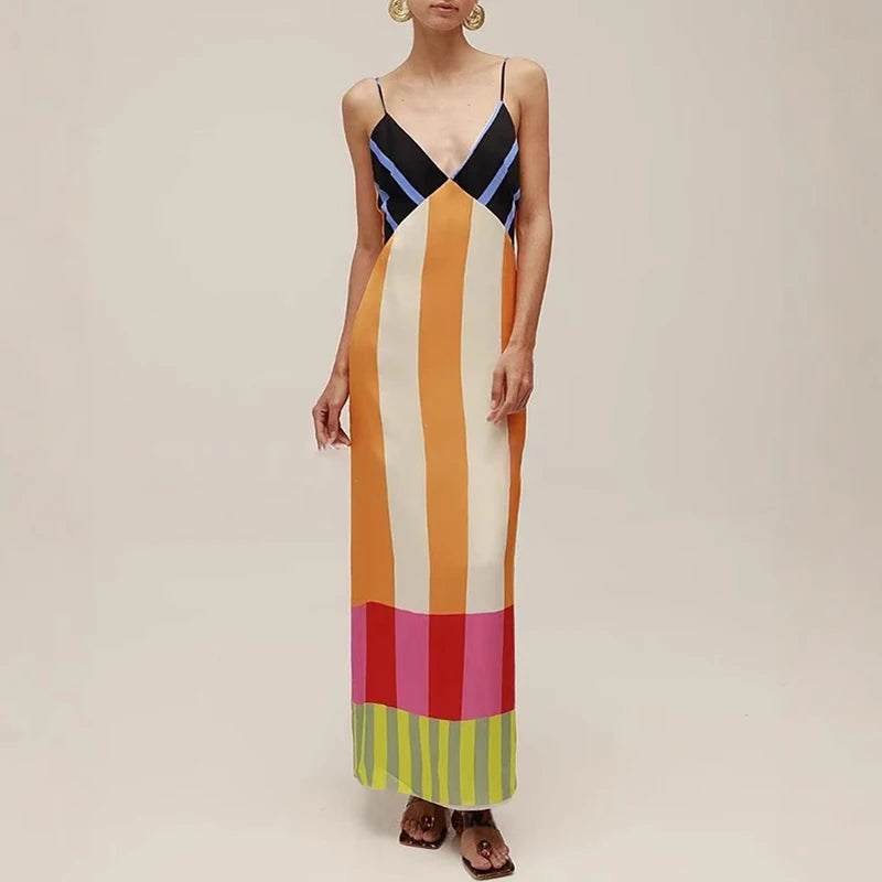 COLORFUL CONTRAST STRIPED STRAP MAXI DRESS