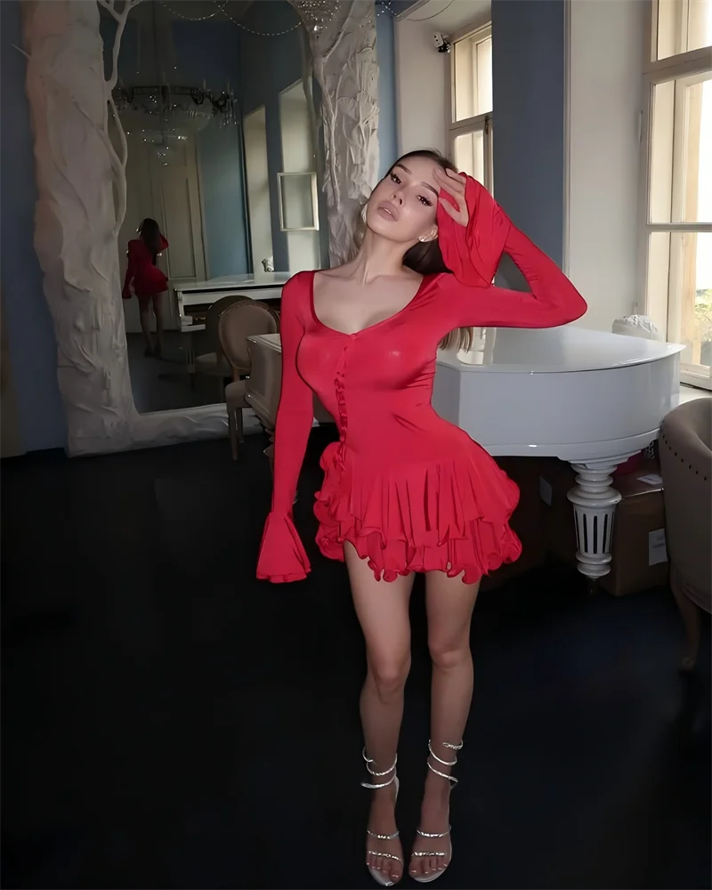 Women’s Ruffle Hem Bodycon Mini Dress – V-Neck Long Sleeve A-Line Party Dress