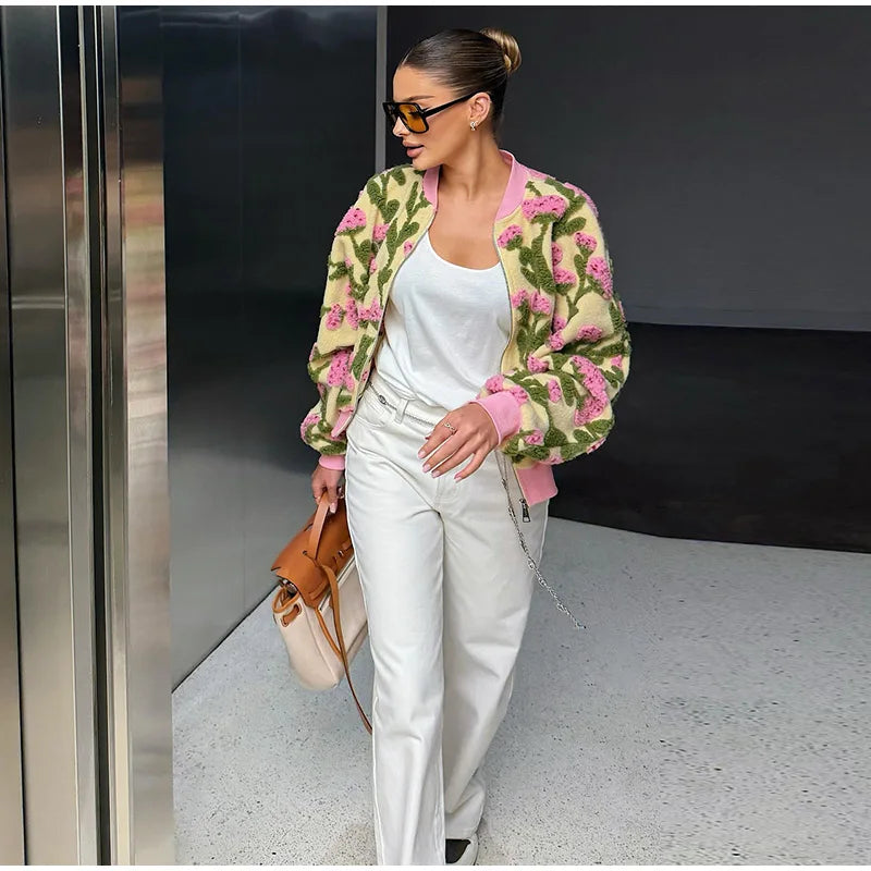 3D Floral Bomber Jacket for Women – Oversized Zip-Up Spring Statement Outerwear