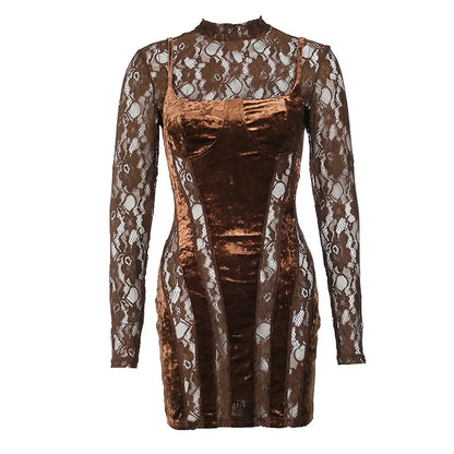 LACE MESH LONG SLEEVE MINI DRESS