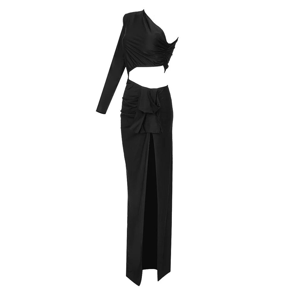 ALIA MAXI BLACK ONE SHOULDER HIGHT SLIT CUT OUT DRESS