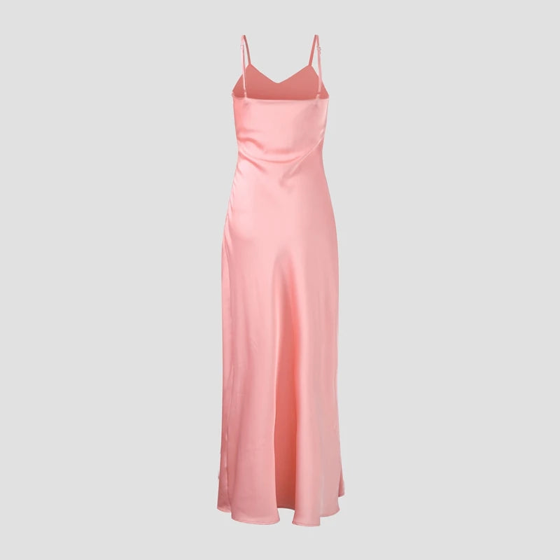 Elegant Pink Satin Lace Dress with High Slits – Summer Evening Gown