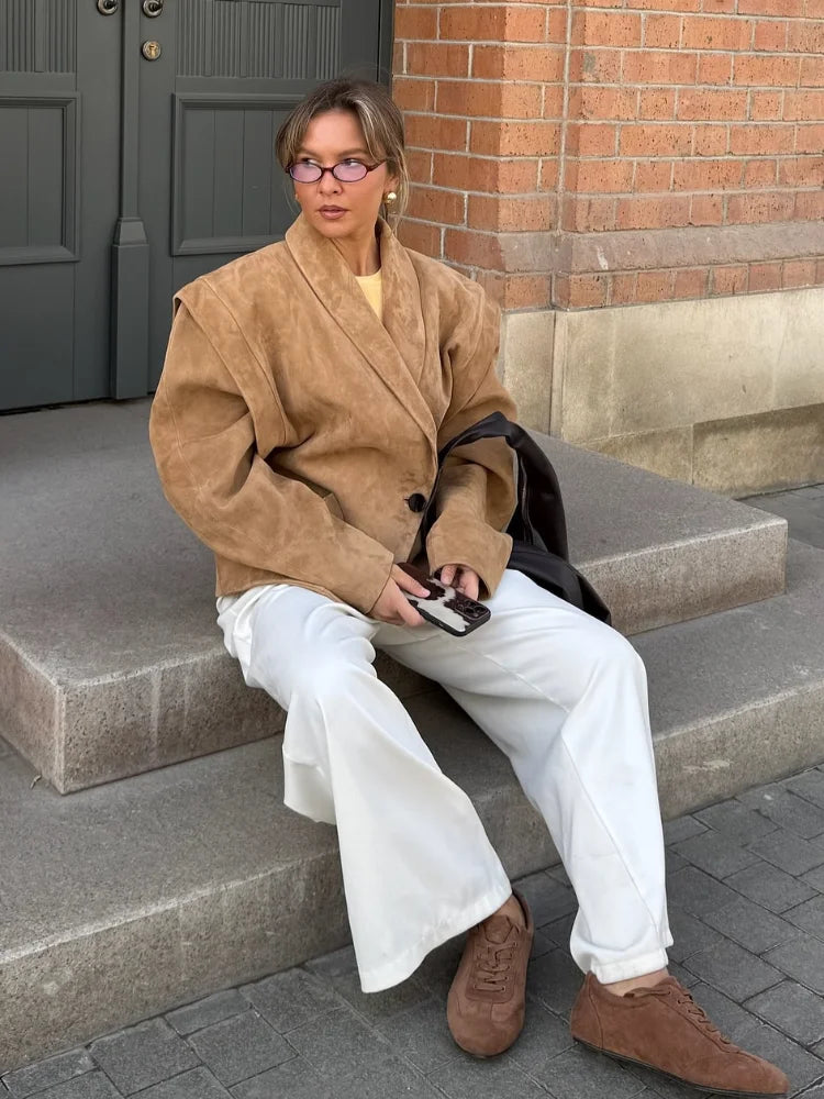 Autumn Suede Blazer for Women – Elegant One Button Lapel Jacket with Shoulder Pads | Khaki & Brown Streetwear