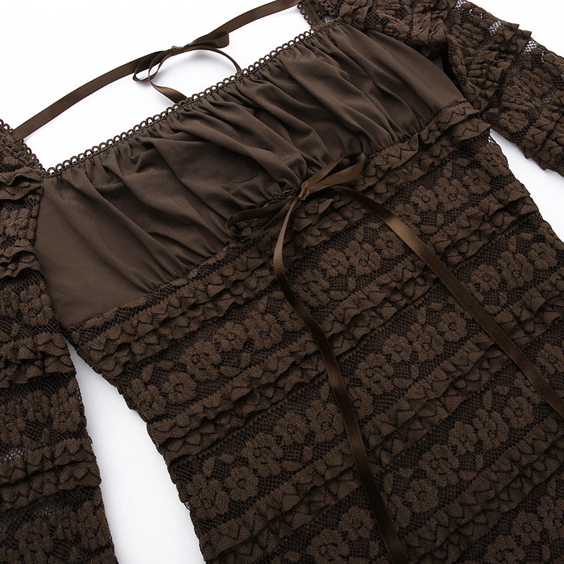Brown Long Sleeve Ruffle Flared Mini Dress – Elegant Layered Square Neck Cocktail Dress