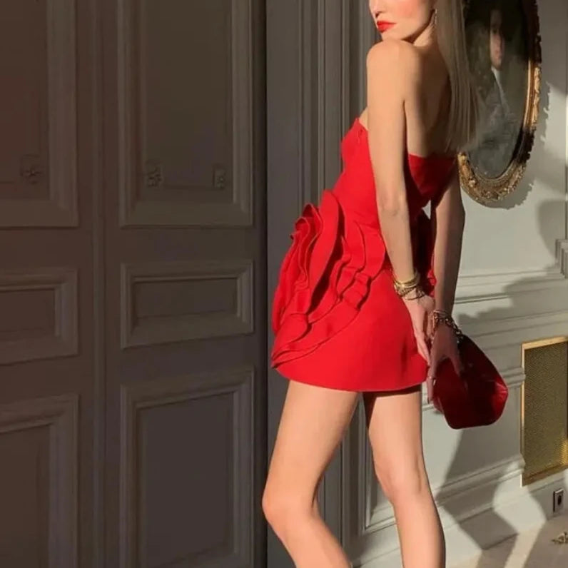 FLOWER decorated RED MINI DRESS