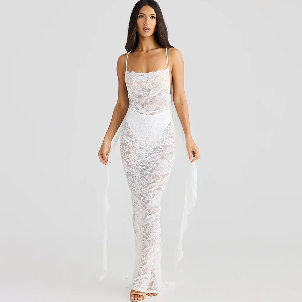 LACE BACKLESS TRAILING MAXI DRESS