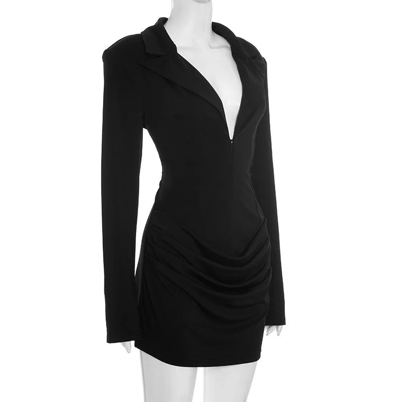 Deep V-Neck Long Sleeve Ruched Mini Dress – High-Waist Structured Blazer Dress | CTRL NUIT