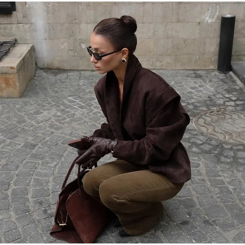 Autumn Suede Blazer for Women – Elegant One Button Lapel Jacket with Shoulder Pads | Khaki & Brown Streetwear