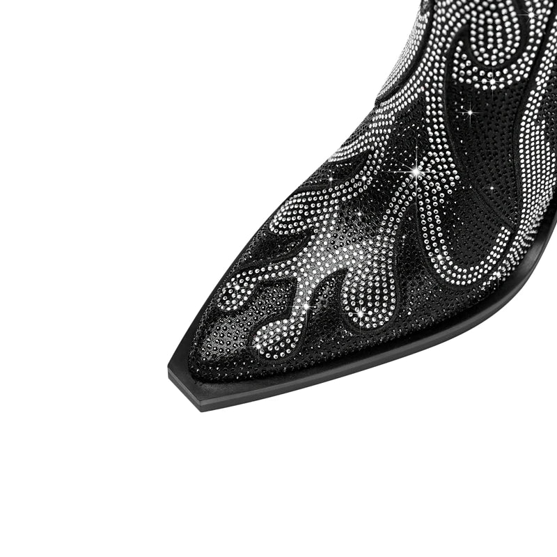 FLAME SHAPE SHORT BOOTS THICK HEEL decorated with CRYSTALS