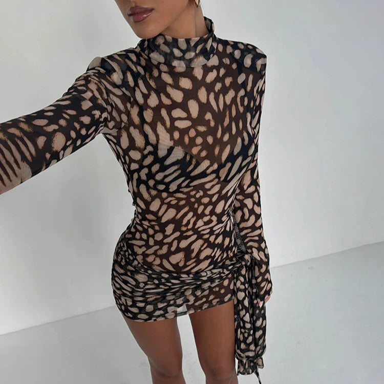LEOPARD PRINT LONG SLEEVE MINI DRESS with TRAIN