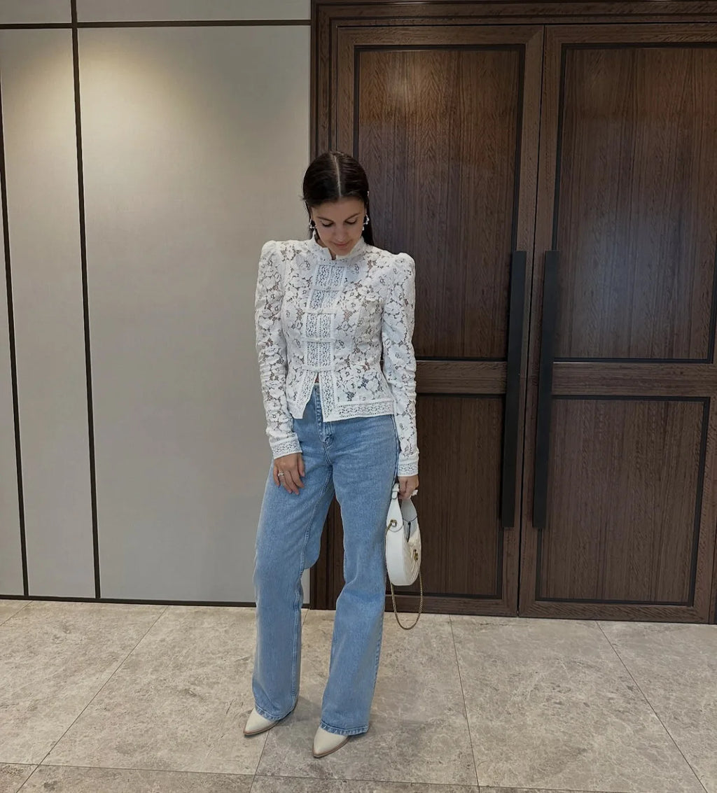 Vintage Sheer Lace Blouse for Women | Long Sleeve See-Through Top with High Neck