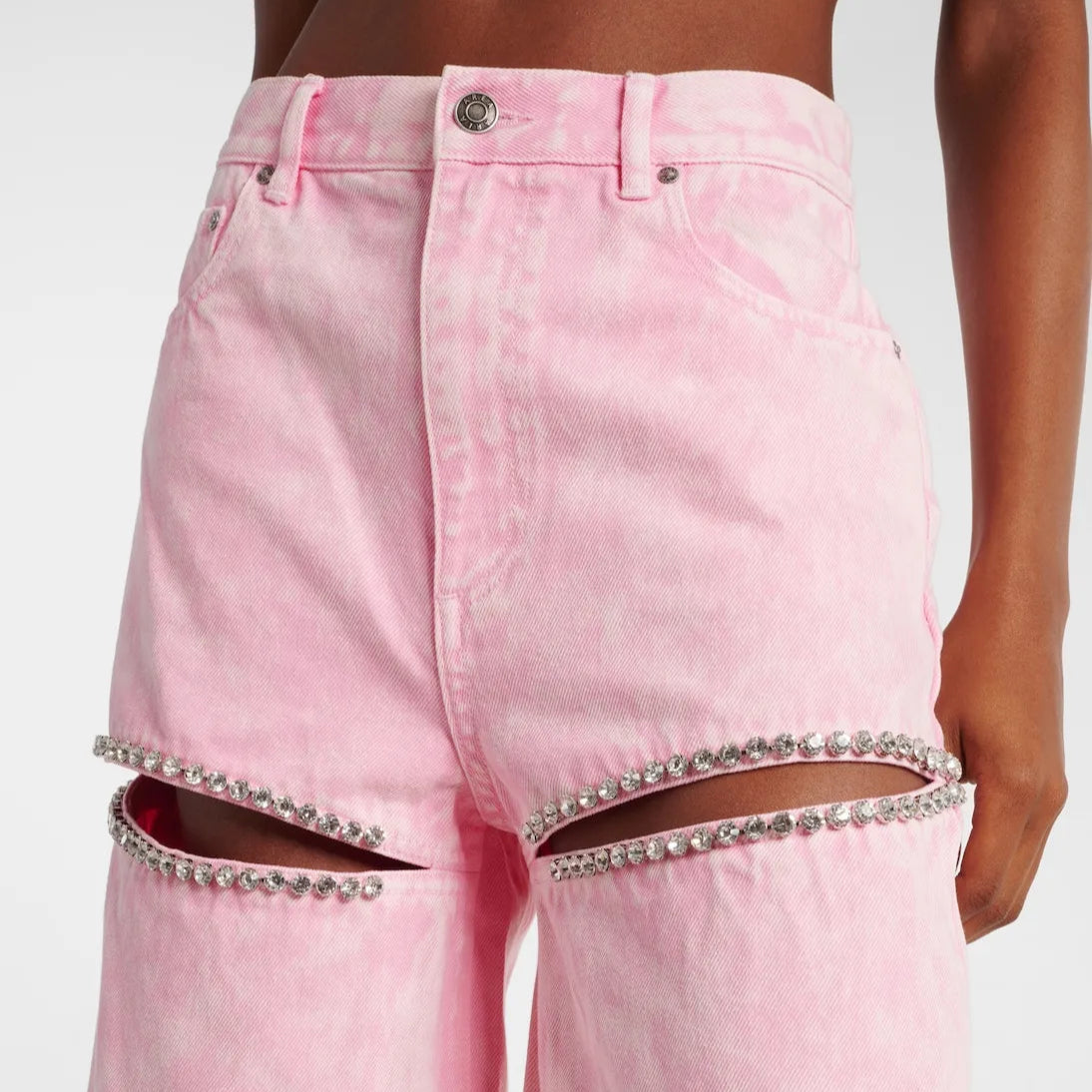 Pink High Waist Wide Leg Denim Trousers with Rhinestone Cut-Out
