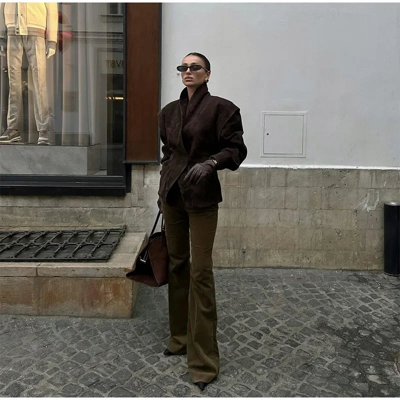 Autumn Suede Blazer for Women – Elegant One Button Lapel Jacket with Shoulder Pads | Khaki & Brown Streetwear