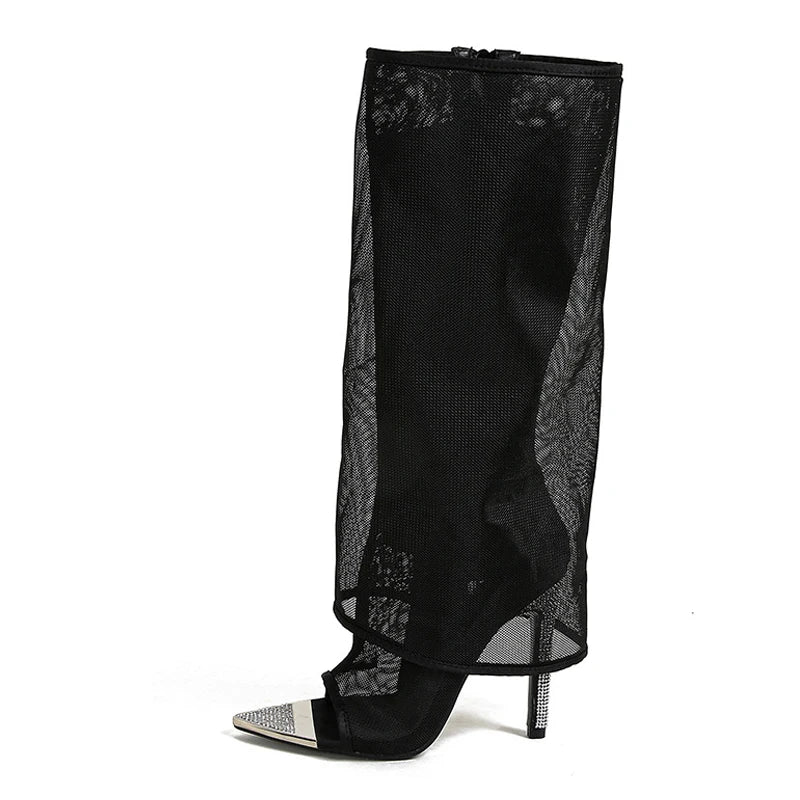 BLACK METAL POINTED TOE MESH BOOTS