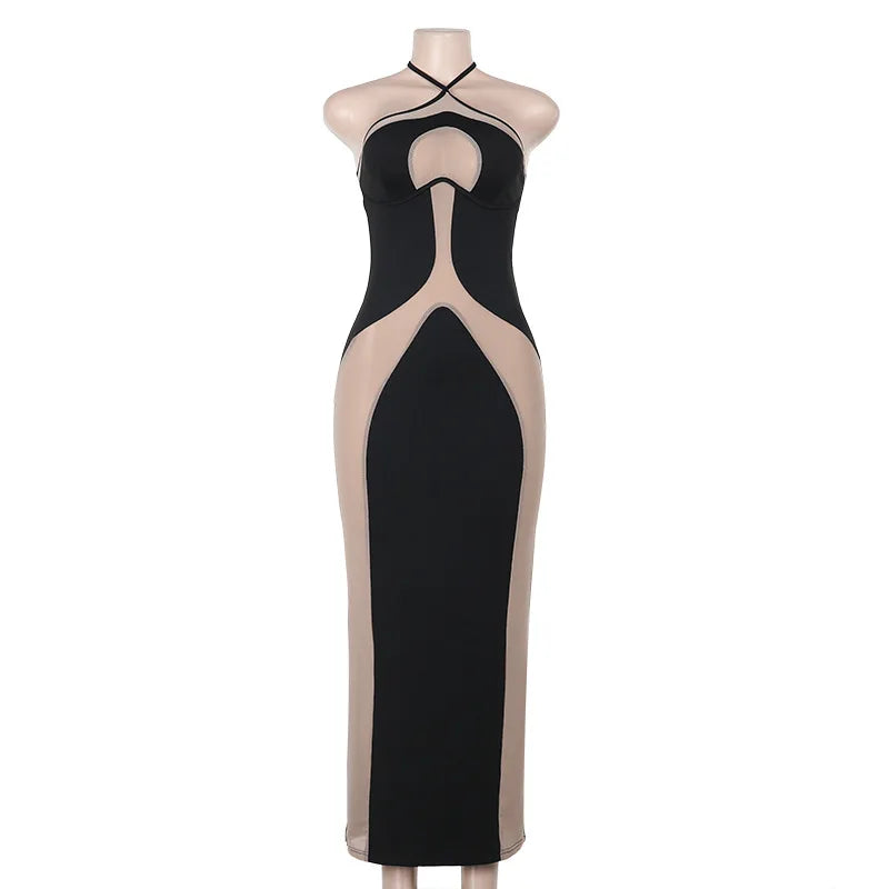 HOLLOW OUT NECK HANGING SLIT MESH BLACK MIDI DRESS