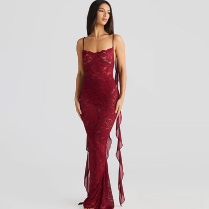 LACE BACKLESS TRAILING MAXI DRESS