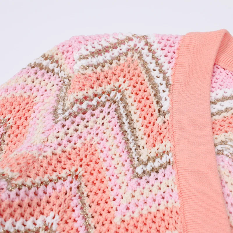Pink Zigzag Knit Co-Ord Set – Sleeveless Top, Cardigan & Wide-Leg Pants