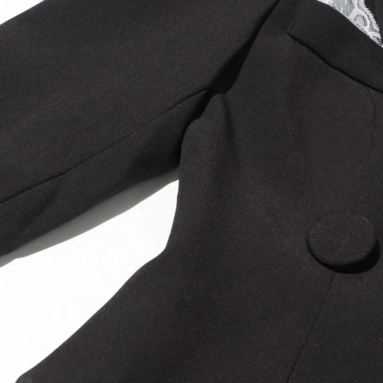 BLACK SPLICED JUMPSUIT BLAZER with RUFFLES