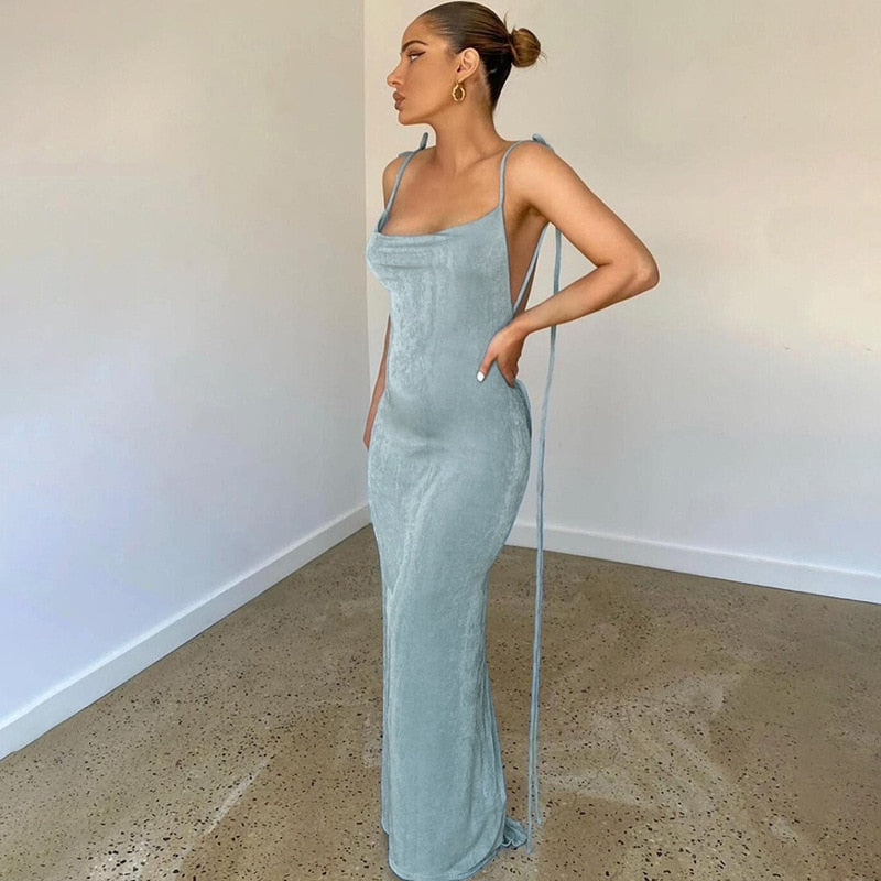JOELLE BACKLESS LACE UP MAXI DRESS