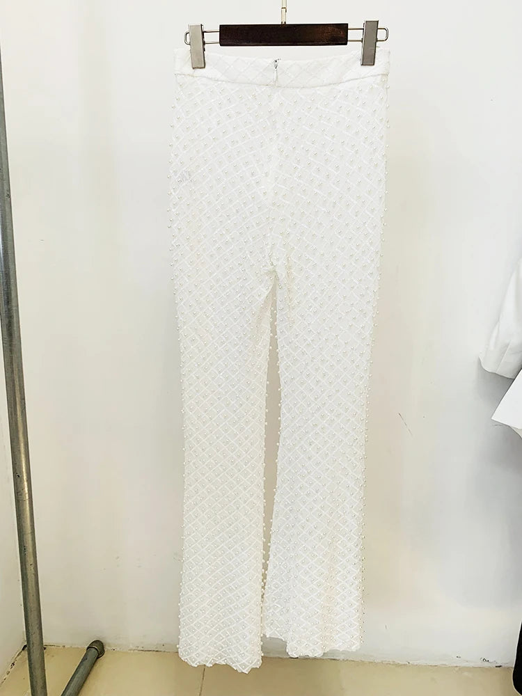 HOLLOW OUT FLOWERS APPLIQUES PEARLS BEADED BLAZER GAUZE PANTS